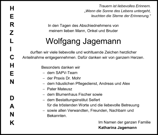 Traueranzeige von Wolfgang Jagemann von Metzinger-Uracher Volksblatt