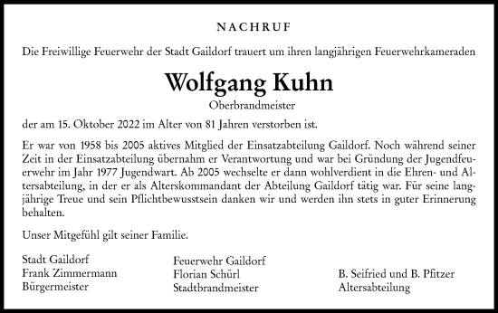 Traueranzeige von Wolfgang Kuhn von Rundschau Gaildorf