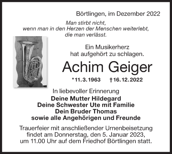 Traueranzeige von Achim Geiger von NWZ Neue Württembergische Zeitung