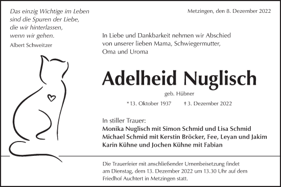 Traueranzeige von Adelheid Nuglisch von Metzinger-Uracher Volksblatt