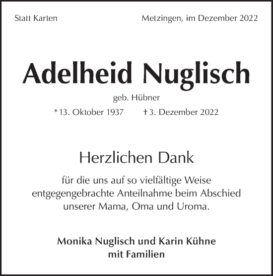 Traueranzeige von Adelheid Nuglisch von Metzinger-Uracher Volksblatt