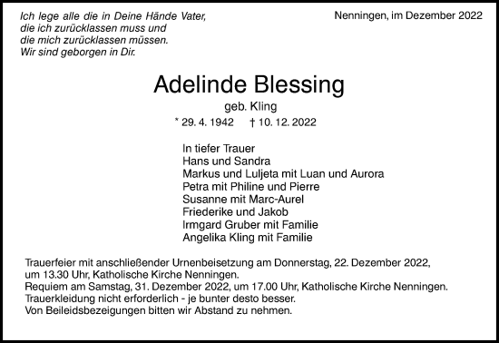 Traueranzeige von Adelinde Blessing von NWZ Neue Württembergische Zeitung