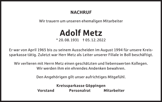 Traueranzeige von Adolf Metz von NWZ Neue Württembergische Zeitung/Geislinger Zeitung