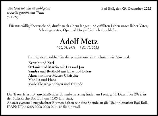 Traueranzeige von Adolf Metz von NWZ Neue Württembergische Zeitung