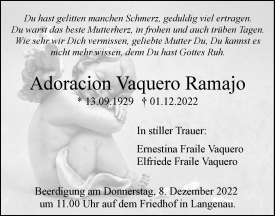 Traueranzeige von Adoracion Vaquero Ramajo von SÜDWEST PRESSE Ausgabe Ulm/Neu-Ulm