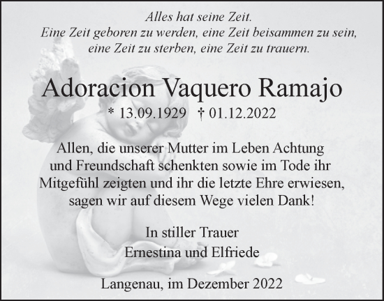 Traueranzeige von Adoracion Vaquero Ramajo von SÜDWEST PRESSE Ausgabe Ulm/Neu-Ulm