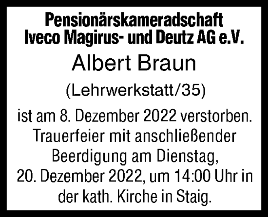 Traueranzeige von Albert Braun von SÜDWEST PRESSE Ausgabe Ulm/Neu-Ulm