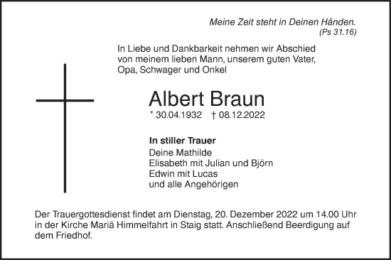 Traueranzeige von Albert Braun von SÜDWEST PRESSE Ausgabe Ulm/Neu-Ulm