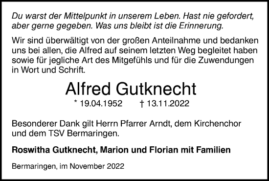 Traueranzeige von Alfred Gutknecht von SÜDWEST PRESSE Ausgabe Ulm/Neu-Ulm