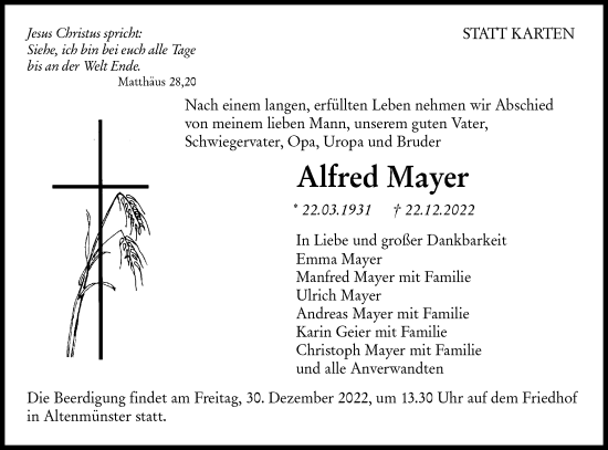 Traueranzeige von Alfred Mayer von Hohenloher Tagblatt