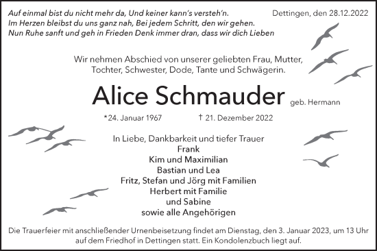 Traueranzeige von Alice Schmauder von Metzinger-Uracher Volksblatt