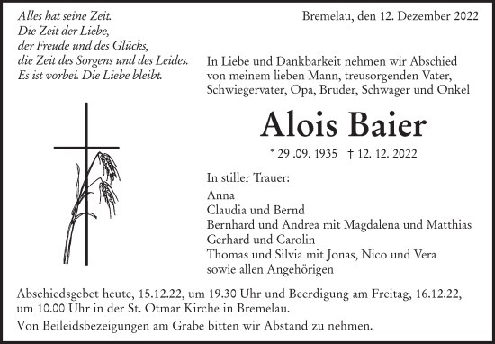 Traueranzeige von Alois Baier von Alb-Bote/Metzinger-Uracher Volksblatt