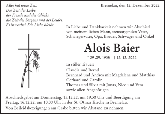 Traueranzeige von Alois Baier von Alb-Bote/Metzinger-Uracher Volksblatt