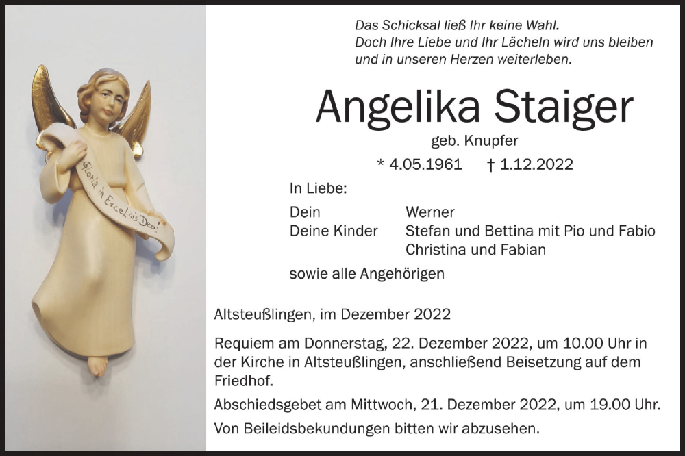  Traueranzeige für Angelika Staiger vom 17.12.2022 aus Ehinger Tagblatt