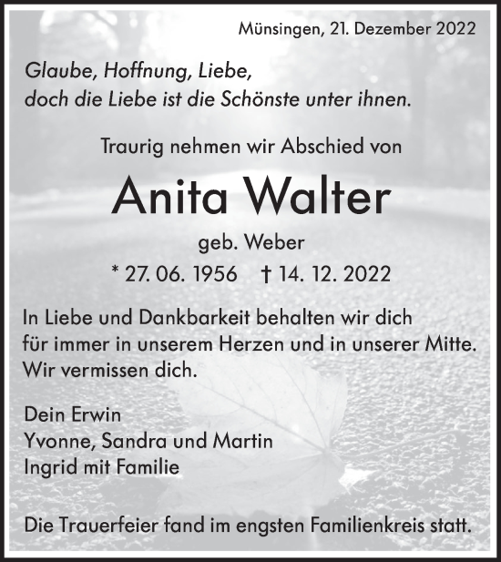 Traueranzeige von Anita Walter von Alb-Bote/Metzinger-Uracher Volksblatt