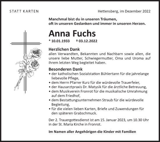 Traueranzeige von Anna Fuchs von Haller Tagblatt