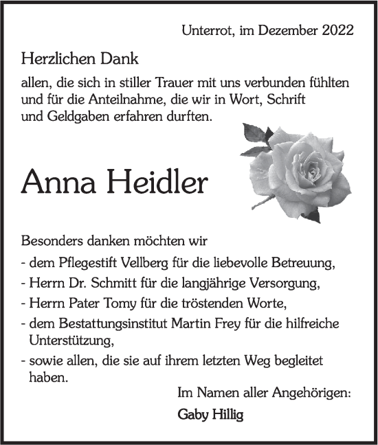 Traueranzeige von Anna Heidler von Rundschau Gaildorf