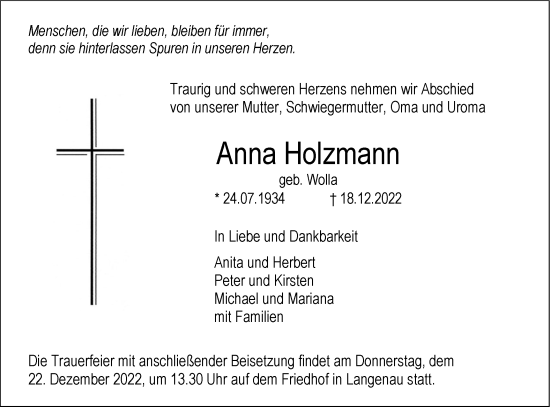 Traueranzeige von Anna Holzmann von SÜDWEST PRESSE Ausgabe Ulm/Neu-Ulm