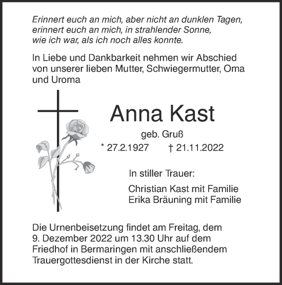 Traueranzeige von Anna Kast von SÜDWEST PRESSE Ausgabe Ulm/Neu-Ulm