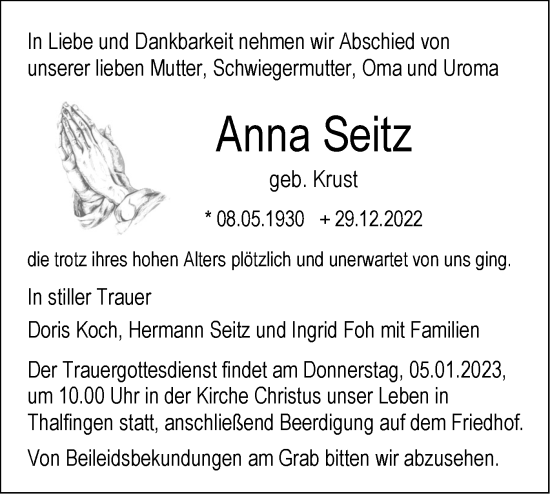 Traueranzeige von Anna Seitz von SÜDWEST PRESSE Ausgabe Ulm/Neu-Ulm