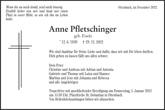 Traueranzeige von Anne Pfletschinger von NWZ Neue Württembergische Zeitung