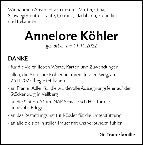 Traueranzeige von Annelore Köhler von Haller Tagblatt