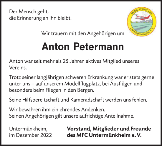 Traueranzeige von Anton Petermann von Hohenloher Tagblatt