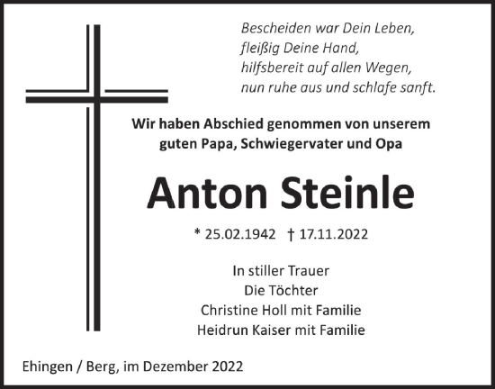 Traueranzeige von Anton Steinle von Ehinger Tagblatt