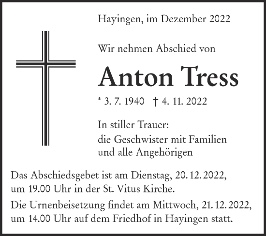 Traueranzeige von Anton Tress von Alb-Bote/Metzinger-Uracher Volksblatt