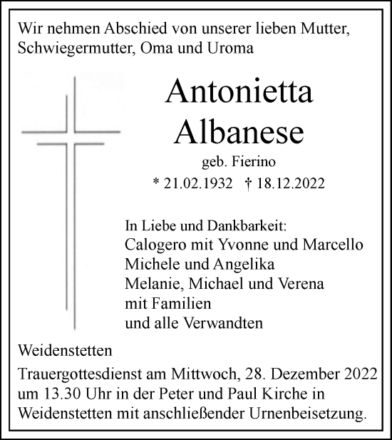 Traueranzeige von Antonietta Albanese von SÜDWEST PRESSE Ausgabe Ulm/Neu-Ulm