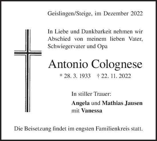 Traueranzeige von Antonio Colognese von Geislinger Zeitung