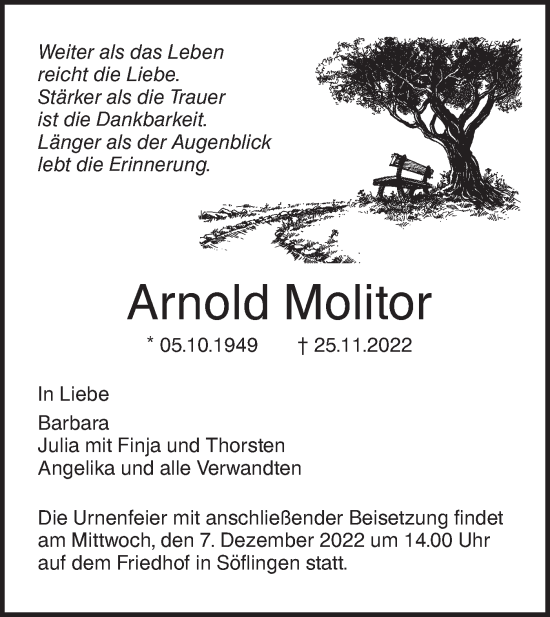 Traueranzeige von Arnold Molitor von SÜDWEST PRESSE Ausgabe Ulm/Neu-Ulm