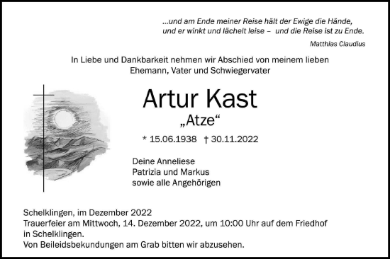 Traueranzeige von Artur Kast von Ehinger Tagblatt