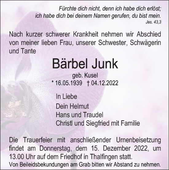 Traueranzeige von Bärbel Junk von SÜDWEST PRESSE Ausgabe Ulm/Neu-Ulm