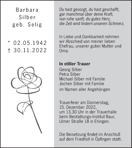 Traueranzeige von Barbara Silber von Ehinger Tagblatt