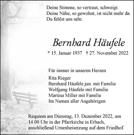 Traueranzeige von Bernhard Häufele von SÜDWEST PRESSE Ausgabe Ulm/Neu-Ulm