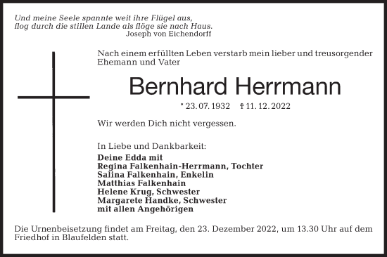 Traueranzeige von Bernhard Herrmann von Hohenloher Tagblatt