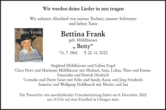 Traueranzeige von Bettina Frank von NWZ Neue Württembergische Zeitung