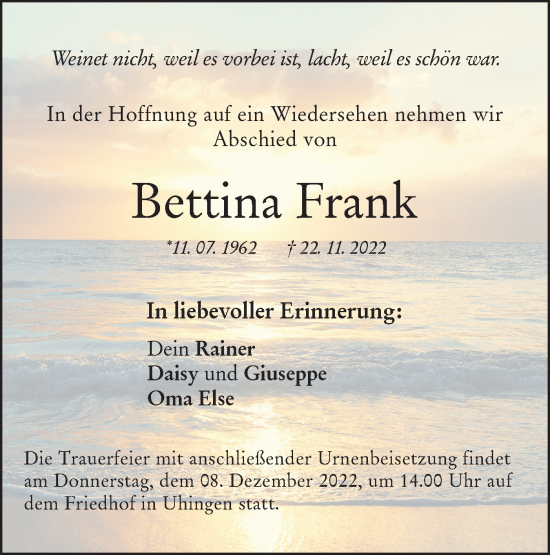 Traueranzeige von Bettina Frank von NWZ Neue Württembergische Zeitung