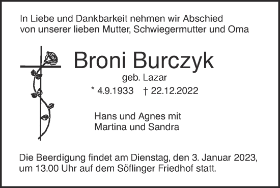 Traueranzeige von Broni Burczyk von SÜDWEST PRESSE Ausgabe Ulm/Neu-Ulm