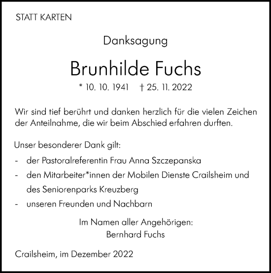 Traueranzeige von Brunhilde Fuchs von Hohenloher Tagblatt