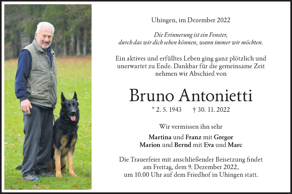  Traueranzeige für Bruno Antonietti vom 07.12.2022 aus NWZ Neue Württembergische Zeitung