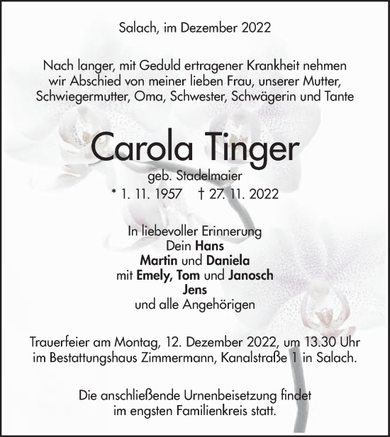 Traueranzeige von Carola Tinger von NWZ Neue Württembergische Zeitung