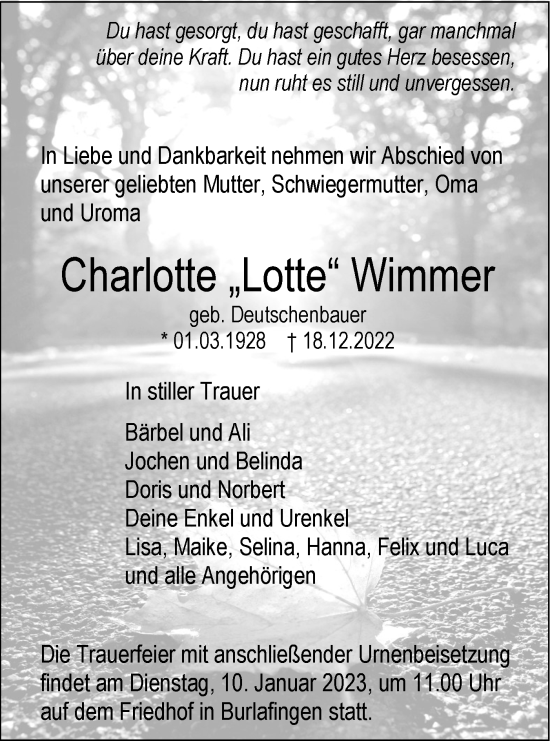 Traueranzeige von Charlotte Wimmer von SÜDWEST PRESSE Ausgabe Ulm/Neu-Ulm