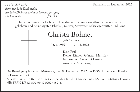 Traueranzeige von Christa Bohnet von NWZ Neue Württembergische Zeitung