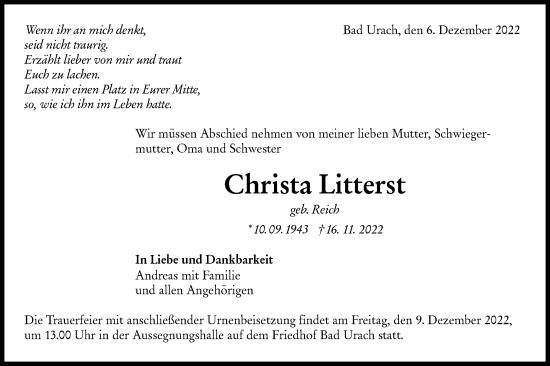 Traueranzeige von Christa Litterst von Metzinger-Uracher Volksblatt