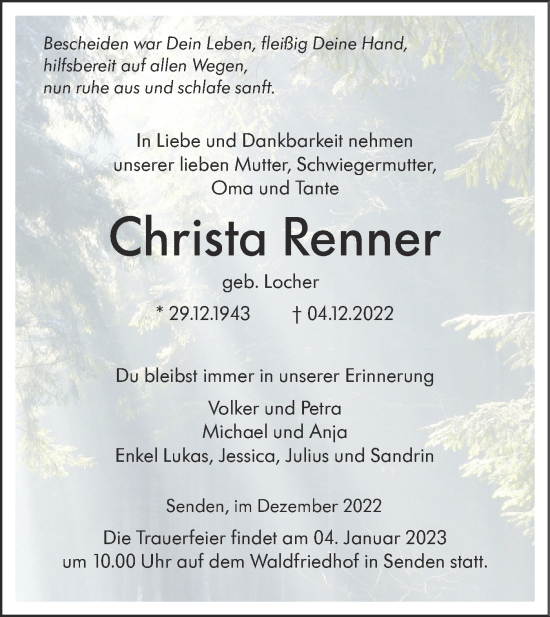 Traueranzeige von Christa Renner von SÜDWEST PRESSE Ausgabe Ulm/Neu-Ulm