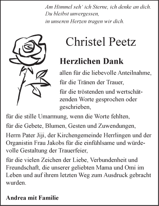 Traueranzeige von Christel Peetz von SÜDWEST PRESSE Ausgabe Ulm/Neu-Ulm