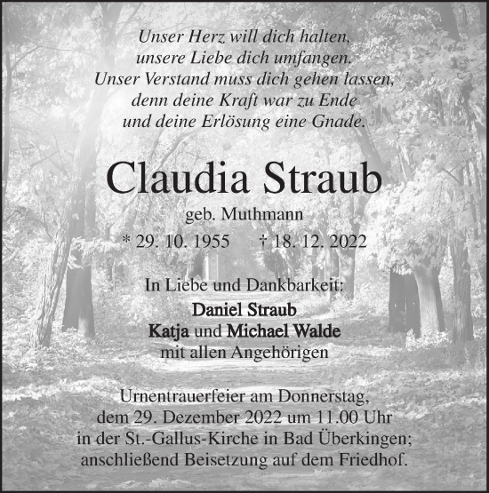 Traueranzeige von Claudia Straub von Geislinger Zeitung