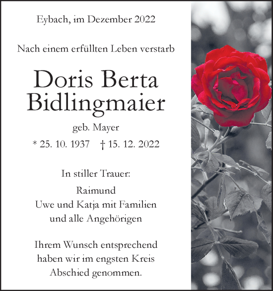 Traueranzeige von Doris Berta Bidlingmaier von Geislinger Zeitung